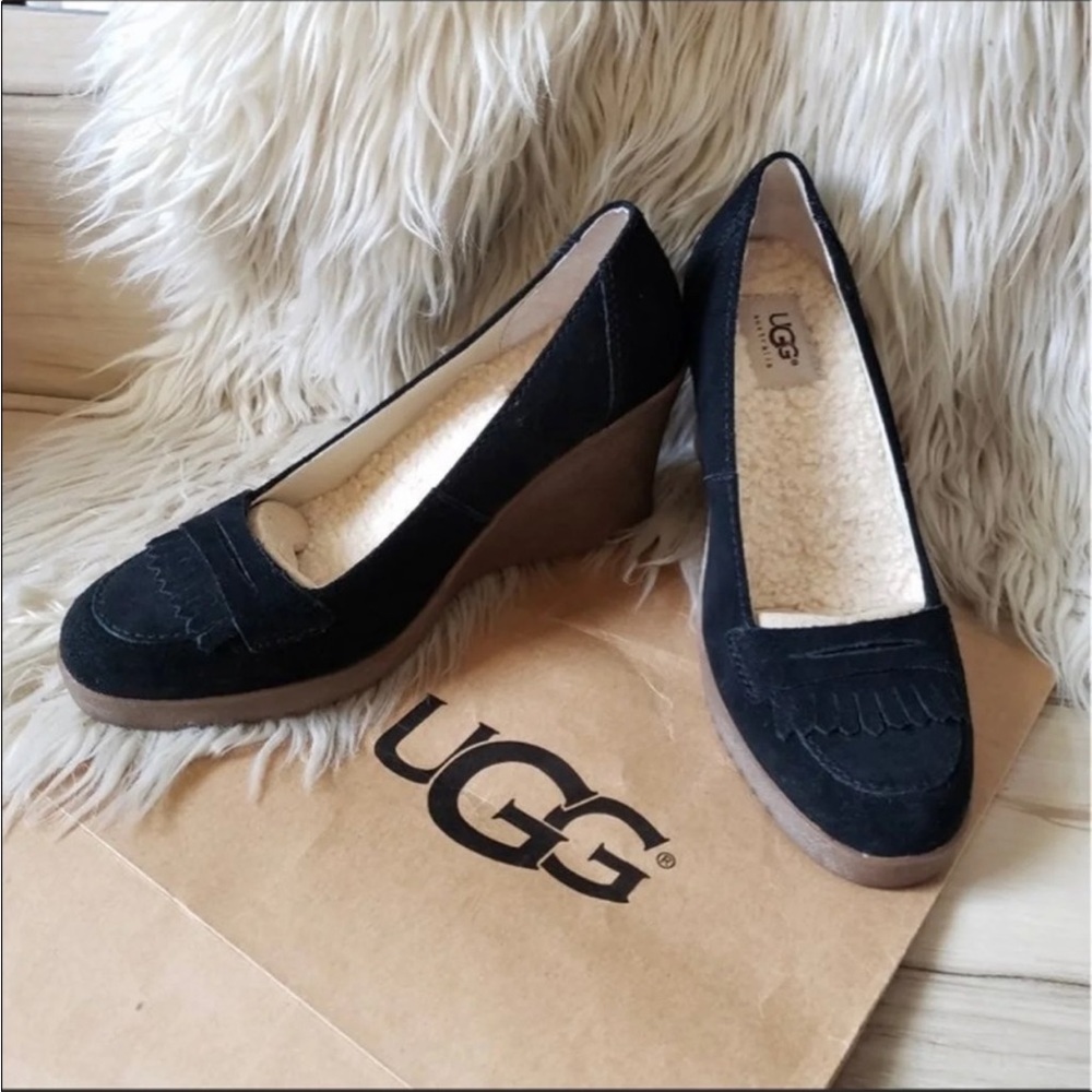 UGG Black Suede Platform Wedge Loafers